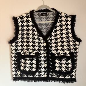 Cider Women’s Sweater Vest 4XL Black & White Houndstooth Preppy Pockets Fringe